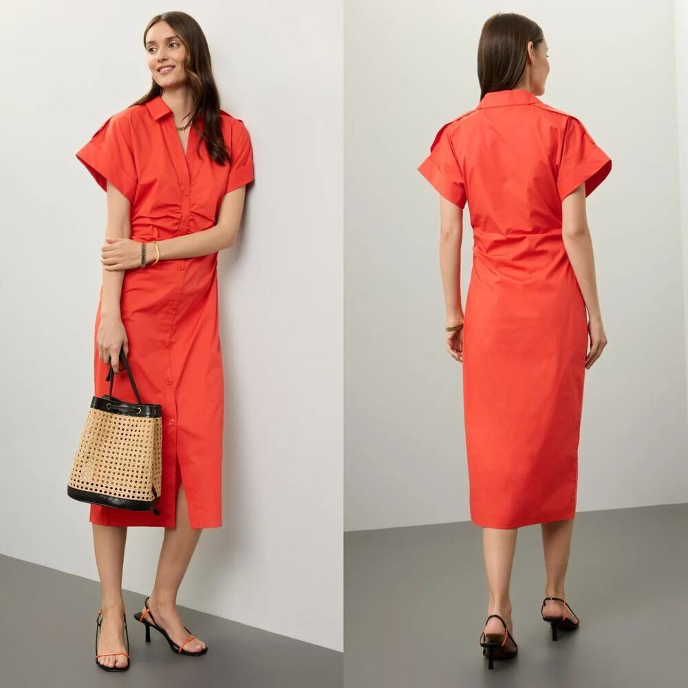 Saunders  Ruched Shirt Dress Short Sleeve Button Front Midi Red 8